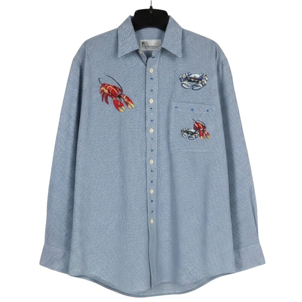 MILI DESIGNS Blue Plaid RED LOBSTER & CRAB EMBROIDERED RHINESTONE Shirt/Top M